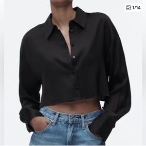 Zara Black Satin Cropped Button-Down Shirt